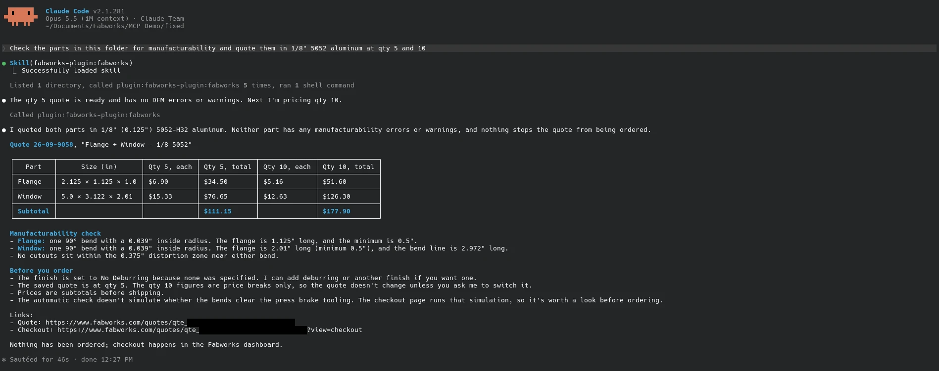 Claude Code re-checking the fixed Flange and Window parts and reporting no Fabworks DFM errors or warnings, with prices at qty 5 and 10