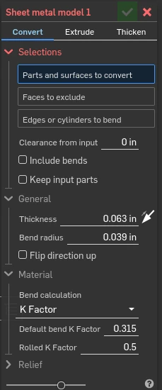 Onshape Sheet metal model dialog with the Material section expanded to show the Default bend K Factor field